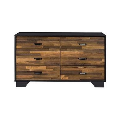 Dresser With 6 Drawers And Butcher Block Pattern, Brown And Gray