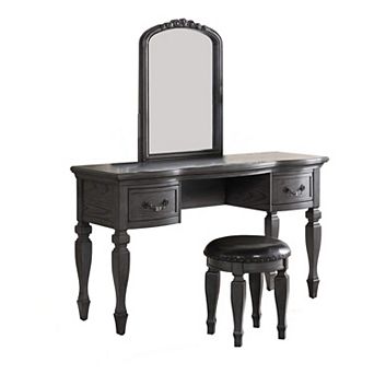 3 pc Vanity Set With Carved Mirror And Turned Legs, Gray