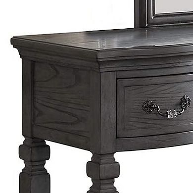 3 Piece Vanity Set With Carved Mirror And Turned Legs, Gray