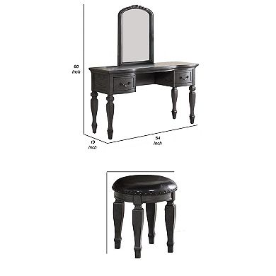 3 Piece Vanity Set With Carved Mirror And Turned Legs, Gray