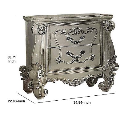 Two Drawers Wooden Nightstand With Carved Details, Bone White