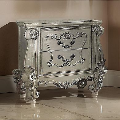 Two Drawers Wooden Nightstand With Carved Details, Bone White