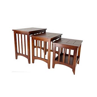 3 pc Nesting Table With Plank Tabletop And Slatted Sides, Oak Brown
