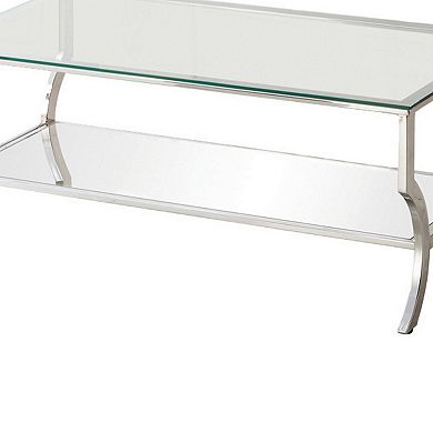 Glass Top Coffee Table With Metal Frame And Mirror Shelf, Chrome