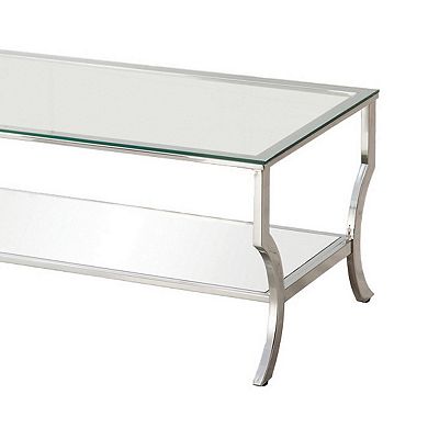 Glass Top Coffee Table With Metal Frame And Mirror Shelf, Chrome