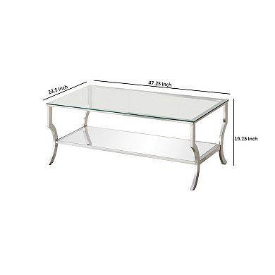 Glass Top Coffee Table With Metal Frame And Mirror Shelf, Chrome