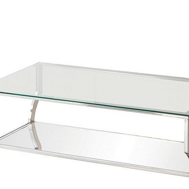Glass Top Coffee Table With Metal Frame And Mirror Shelf, Chrome