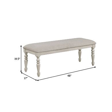 Katherine 48 Inch Bench With Fabric Seat And Turned Legs, White