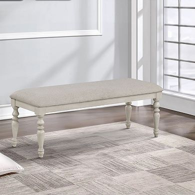 Katherine 48 Inch Bench With Fabric Seat And Turned Legs, White