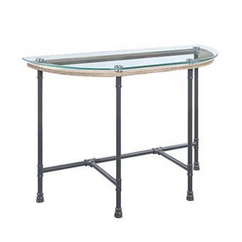 Sofa Table With Oval Glass Top And Metal Pipe Style Legs, Gray
