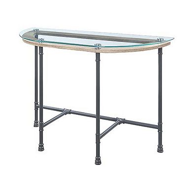 Sofa Table With Oval Glass Top And Metal Pipe Style Legs, Gray