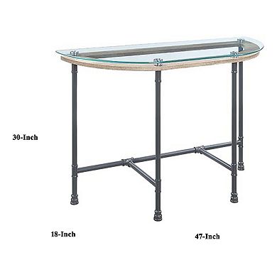 Sofa Table With Oval Glass Top And Metal Pipe Style Legs, Gray