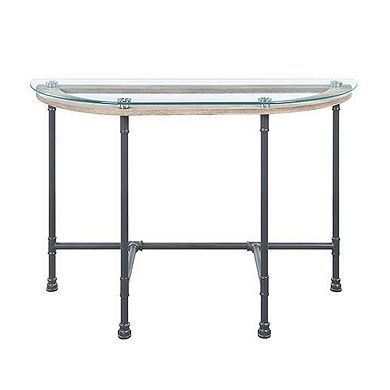 Sofa Table With Oval Glass Top And Metal Pipe Style Legs, Gray