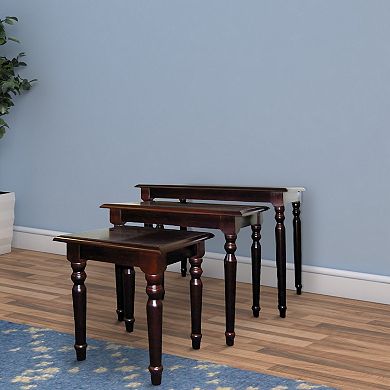 3 Piece Wooden Nesting Tables With Turned Tapered Legs, Cherry Brown