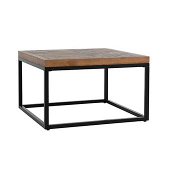 Nat 30 Inch Solid Wood Square Coffee Table, Herringbone, Brown, Black