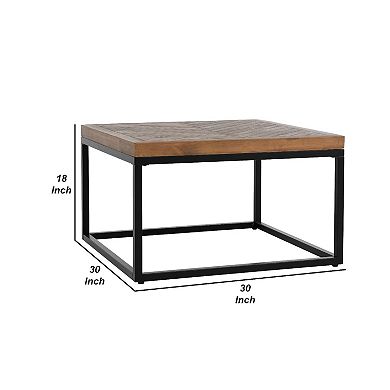 Nat 30 Inch Solid Wood Square Coffee Table, Herringbone, Brown, Black
