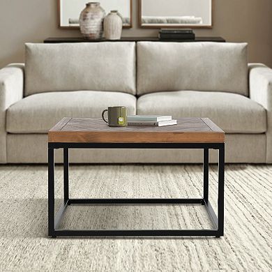 Nat 30 Inch Solid Wood Square Coffee Table, Herringbone, Brown, Black
