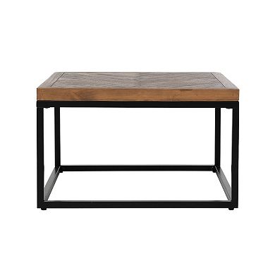 Nat 30 Inch Solid Wood Square Coffee Table, Herringbone, Brown, Black