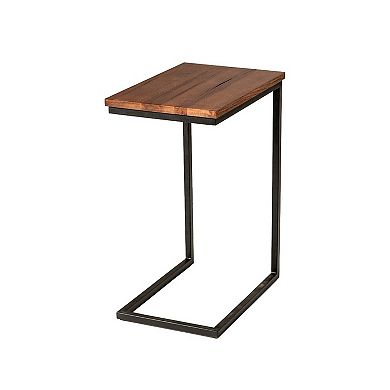 C Shaped End Table With Rectangular Wood Top, Brown And Black
