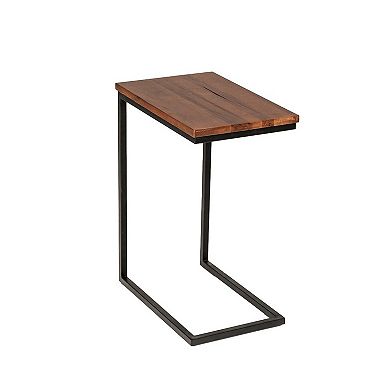 C Shaped End Table With Rectangular Wood Top, Brown And Black
