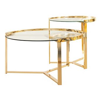 23 Inch Round Nesting Accent Tables, Glass Top, Metal Base, Set Of 2, Gold