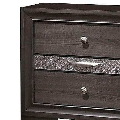 Wooden Nightstand With 2 Drawers And 1 Jewelry Drawer, Gray And Silver