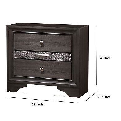 Wooden Nightstand With 2 Drawers And 1 Jewelry Drawer, Gray And Silver