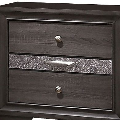 Wooden Nightstand With 2 Drawers And 1 Jewelry Drawer, Gray And Silver