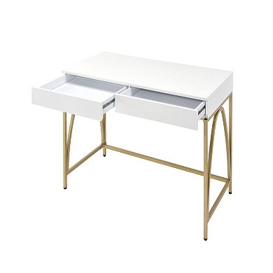 Rectangular Wooden Frame Desk With 2 Drawers And Metal Legs, White And Gold