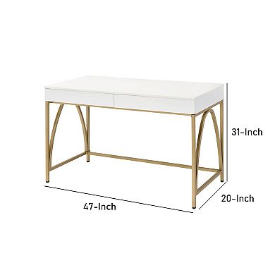 Rectangular Wooden Frame Desk With 2 Drawers And Metal Legs, White And Gold