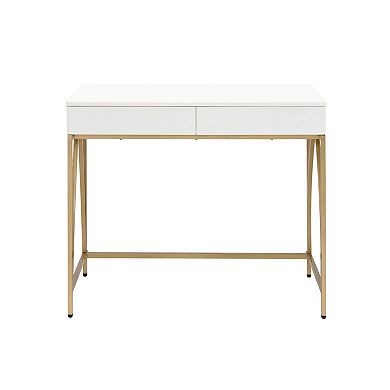 Rectangular Wooden Frame Desk With 2 Drawers And Metal Legs, White And Gold