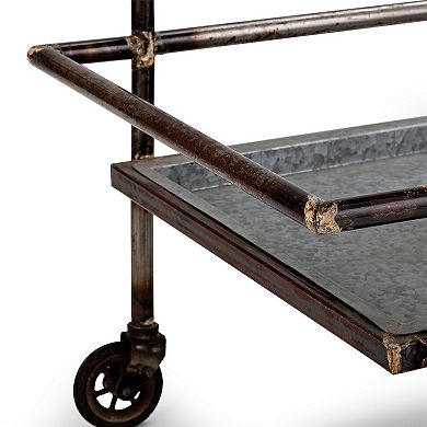 35 Inch 2 Tier Bar Cart, Industrial Style, Caster Wheels, Rustic Bronze