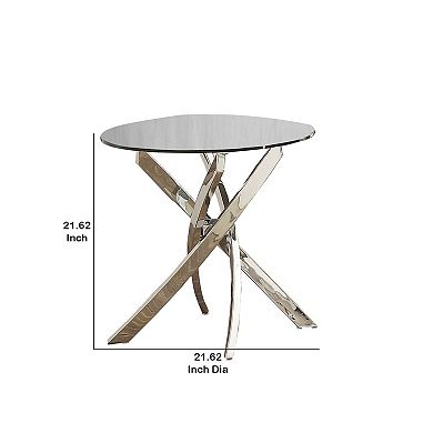 Round Glass Top End Table With Criss Cross Metal Base, Silver