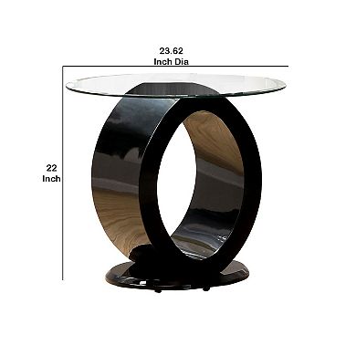 Contemporary Tempered Glass Top End Table With O Shape Base, Black