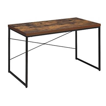 Rectangular Wooden Desk With Metal Base, Weathered Oak Brown And Black