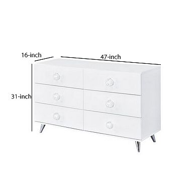 Dresser With 6 Drawers And Angled Metal Feet, White