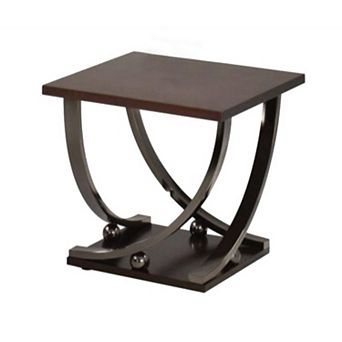 Wood And Metal End Table With Sweeping Legs, Dark Walnut Brown And Black