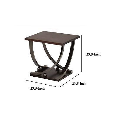 Wood And Metal End Table With Sweeping Legs, Dark Walnut Brown And Black