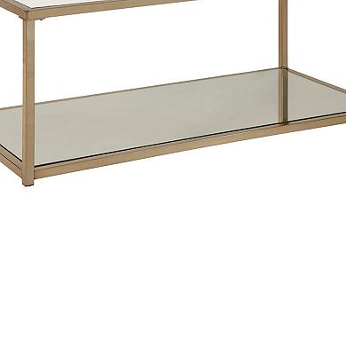 Glass Top Coffee Table With Metal Frame And Open Shelf, Brass