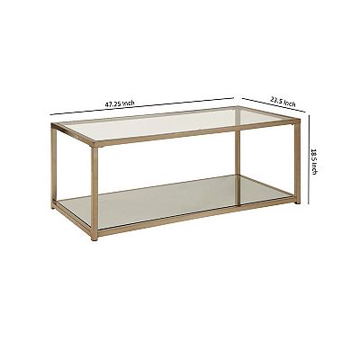 Glass Top Coffee Table With Metal Frame And Open Shelf, Brass