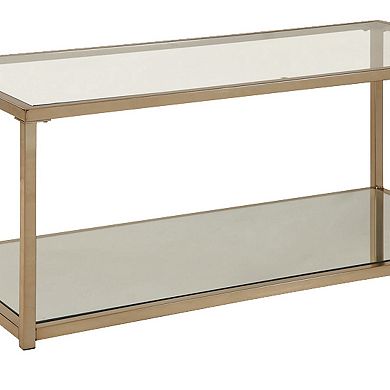 Glass Top Coffee Table With Metal Frame And Open Shelf, Brass
