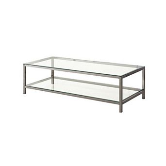 Glass Top Coffee Table With Metal Frame And Open Shelf, Brass