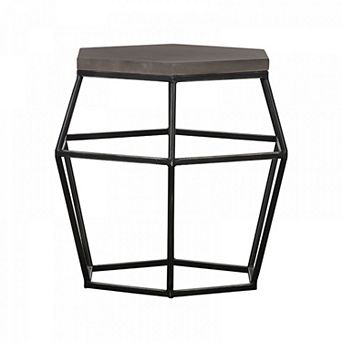 Hexagonal Concrete End Table With Metal Base, Gray And Black
