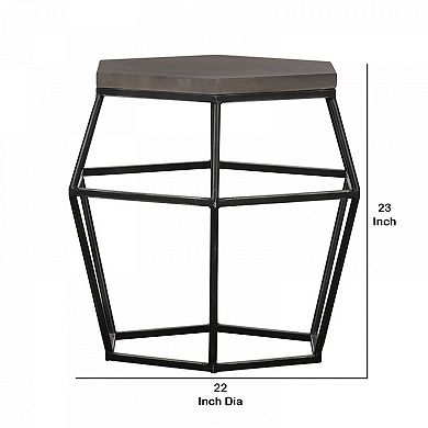 Hexagonal Concrete End Table With Metal Base, Gray And Black