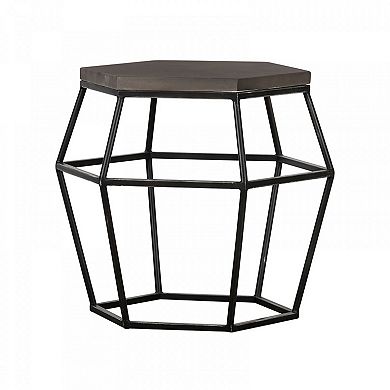 Hexagonal Concrete End Table With Metal Base, Gray And Black