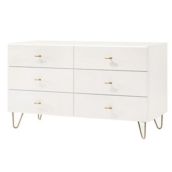 6 Drawer Wooden Dresser With Metal Hairpin Legs, White And Gold