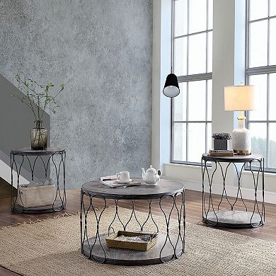Round Industrial Style Metal And Solid Wood End Table With Open Bottom Shelf, Gray And Brown
