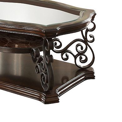 Tempered Glass Top Wooden Coffee Table With Ornate Metal Scrollwork, Brown