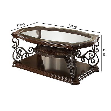 Tempered Glass Top Wooden Coffee Table With Ornate Metal Scrollwork, Brown