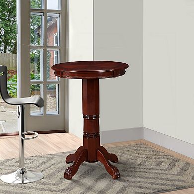 Ava 42 Inch Wood Pub Bar Table, Sunburst Design, Carved Pedestal, Dark Brown
